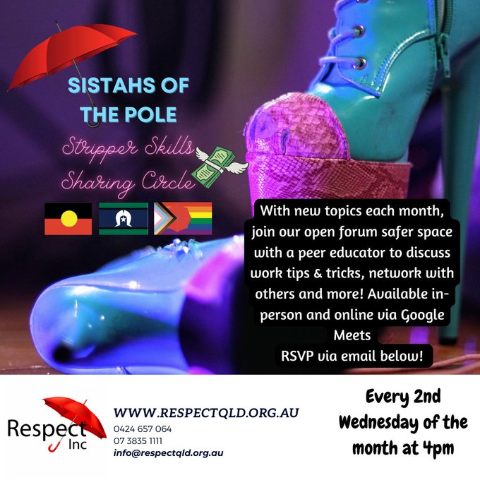 Sistahs of the pole. Strippers skills sharing circle. With new topics each month, join our open forum safer space with a peer educator to discuss work tips & tricks, network with others and more! Available in-person and online via Google Meets. RSVP via email below! www.respectqld.org.au. 0424 657 065 - 07 3835 1111 - info@respectqld.org.au. Every 2nd Wednesday of the month at 4pm.