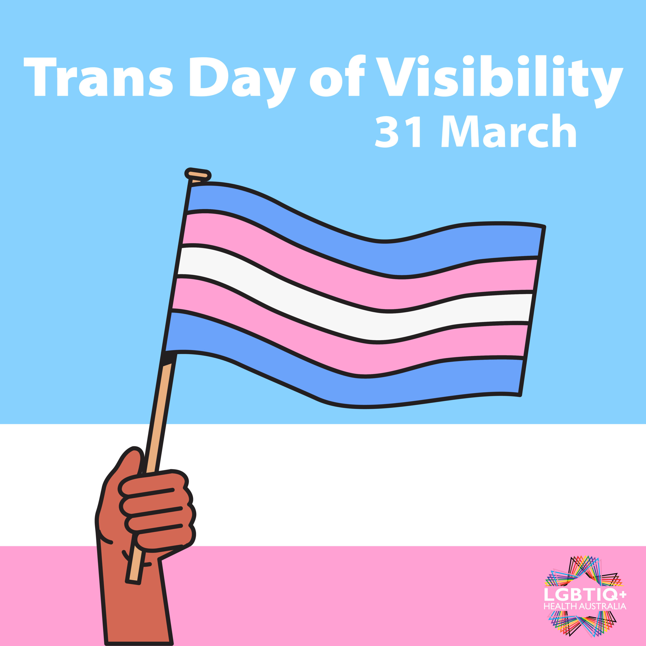 Trans Day of Visibility 31 March over a baby blue, white and pink striped flag.